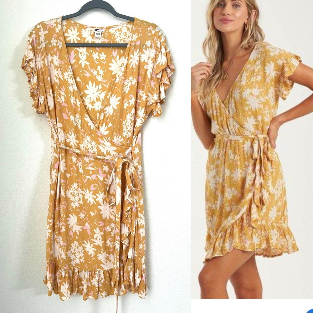 Billabong Wrap & Roll Mini Dress Yellow Floral Short Sleeve Ruffle Hem Boho M